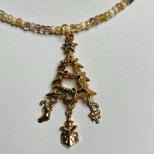 Gold Tone Multicolor Rhinestone Christmas Tree Pendant Beaded Necklace Handmade